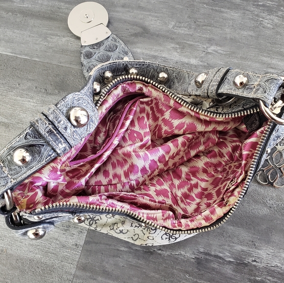 Blue Grey Monogrammed Guess Studded Sicily Handbag - Picture 3 of 5